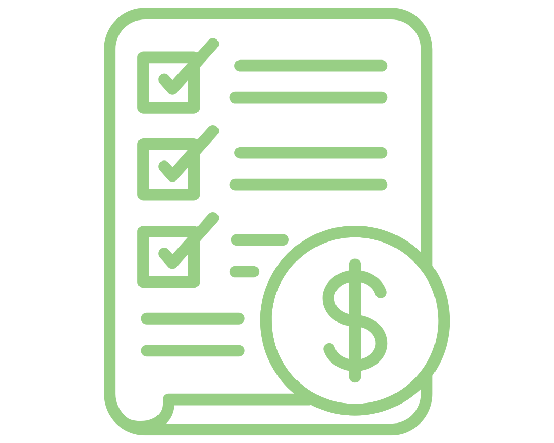 Green icon of a document with checkboxes and a dollar sign on a white background